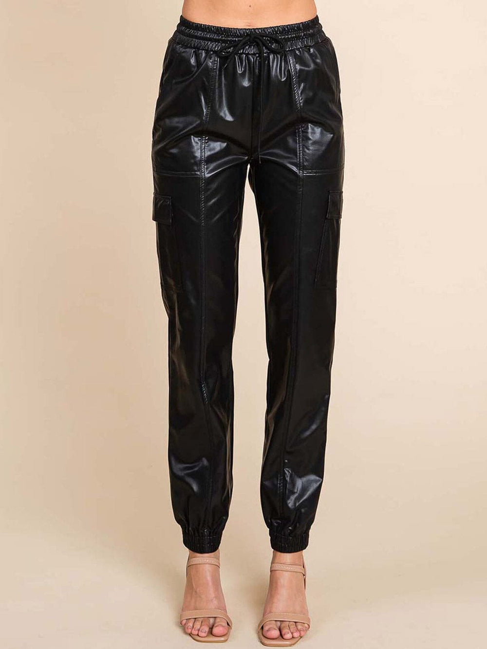 WOMEN'S ELASTIC WAIST CARGO POCKETS PU PLEATHER JOGGER LEG PANTS