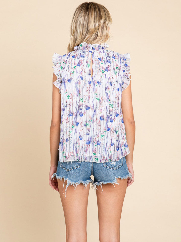 WOMEN'S RUFFLE SLEEVELESS PLEATED FLORAL BLOUSE