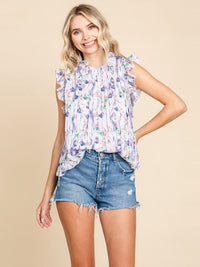 WOMEN'S RUFFLE SLEEVELESS PLEATED FLORAL BLOUSE