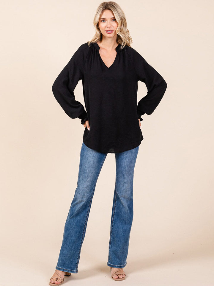 WOMEN'S LONG SLEEVE V-NECK SOLID BLOUSE
