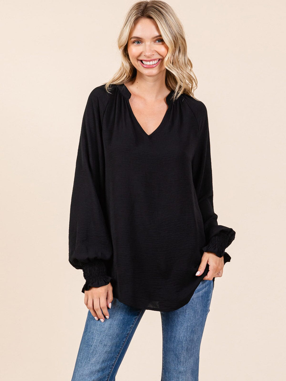 WOMEN'S LONG SLEEVE V-NECK SOLID BLOUSE