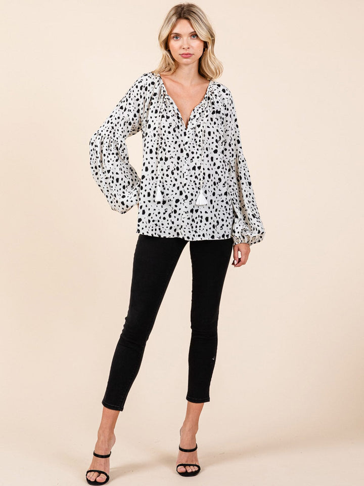 WOMEN'S LONG BELL SLEEVE V-NECK POLKA DOTS BLOUSE
