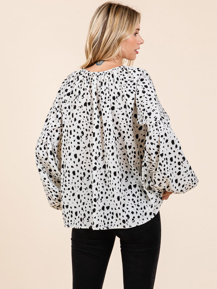 WOMEN'S LONG BELL SLEEVE V-NECK POLKA DOTS BLOUSE