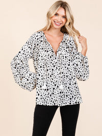 WOMEN'S LONG BELL SLEEVE V-NECK POLKA DOTS BLOUSE