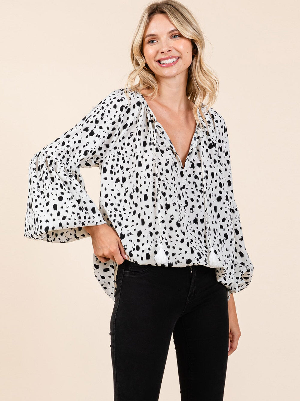 WOMEN'S LONG BELL SLEEVE V-NECK POLKA DOTS BLOUSE