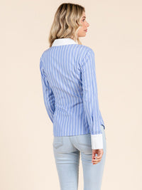 WOMEN'S LONG SLEEVE BUTTON UP STRIPES COLORBLOCK BLOUSE