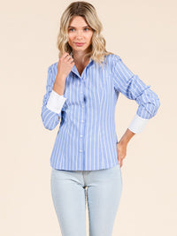 WOMEN'S LONG SLEEVE BUTTON UP STRIPES COLORBLOCK BLOUSE