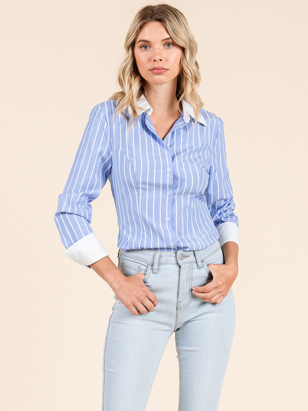 WOMEN'S LONG SLEEVE BUTTON UP STRIPES COLORBLOCK BLOUSE