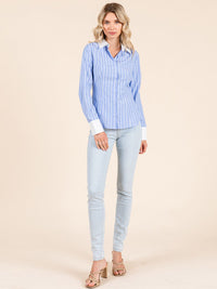 WOMEN'S LONG SLEEVE BUTTON UP STRIPES COLORBLOCK BLOUSE