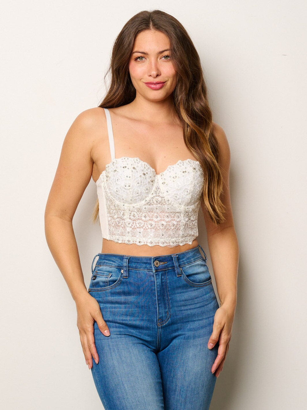 WOMEN'S SLEEVELESS STUDS DETAILED LACE CORSET TOP