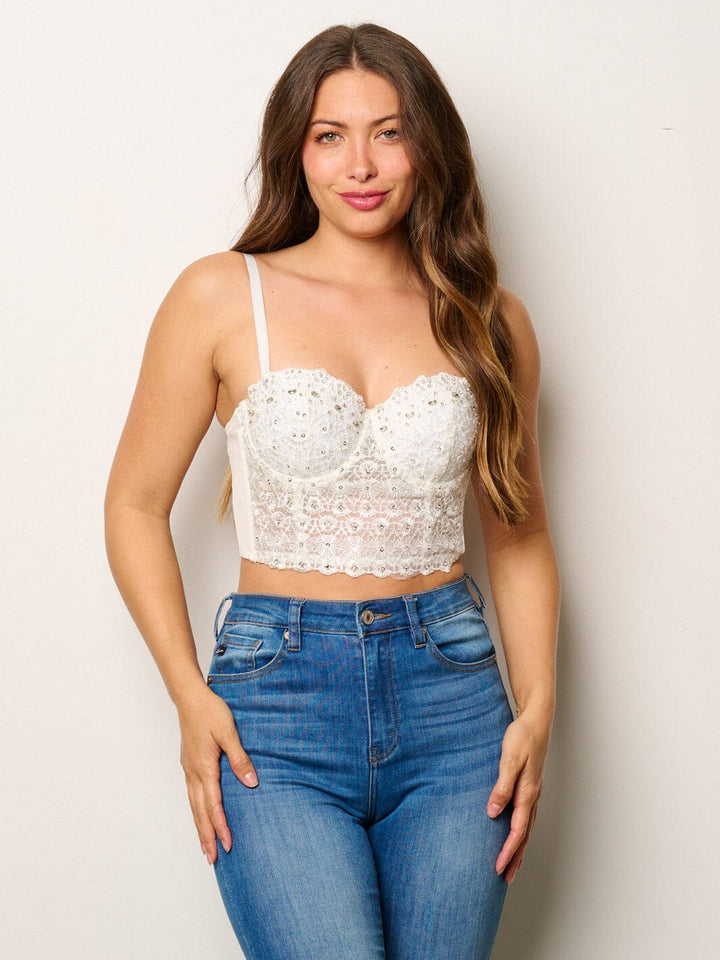 WOMEN'S SLEEVELESS STUDS DETAILED LACE CORSET TOP