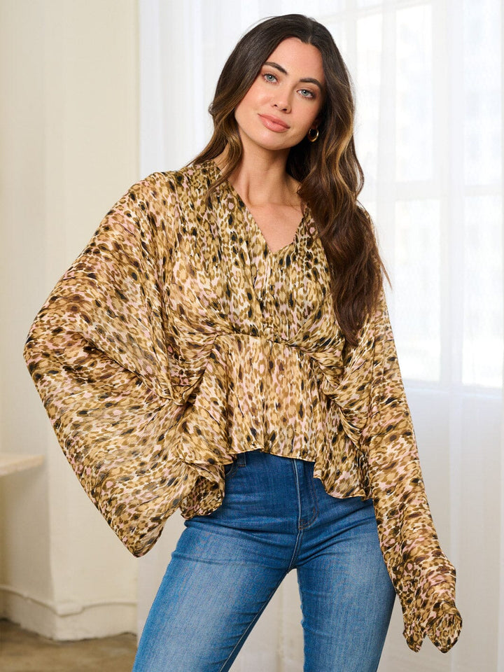 WOMEN'S LONG BELL SLEEVE V-NECK ANIMAL PRINT PEPLUM BLOUSE TOP