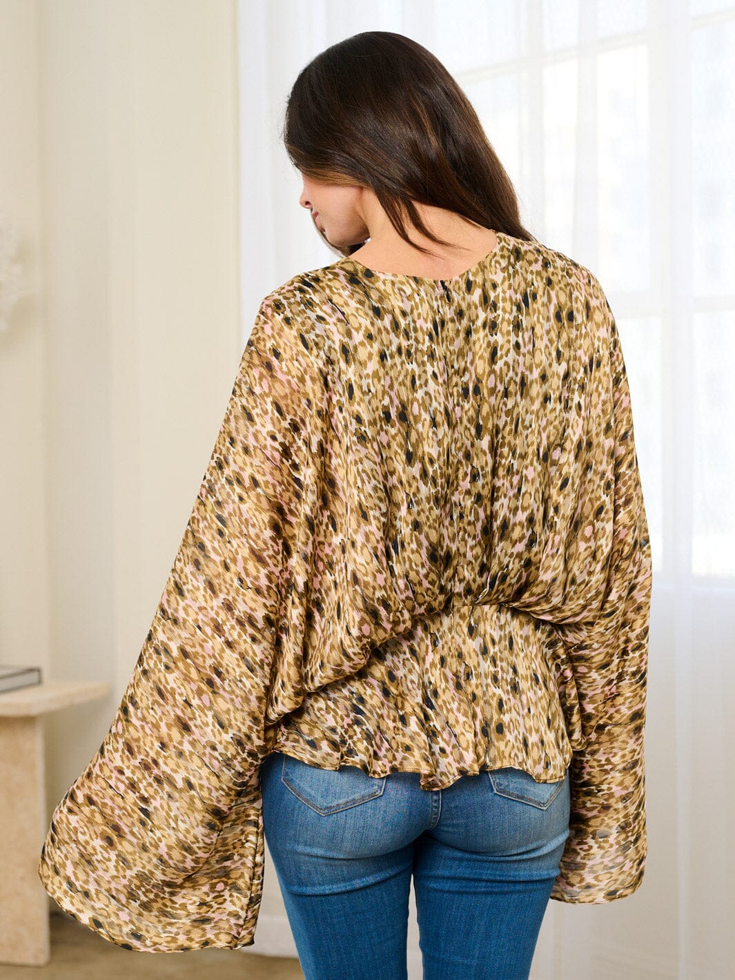 WOMEN'S LONG BELL SLEEVE V-NECK ANIMAL PRINT PEPLUM BLOUSE TOP