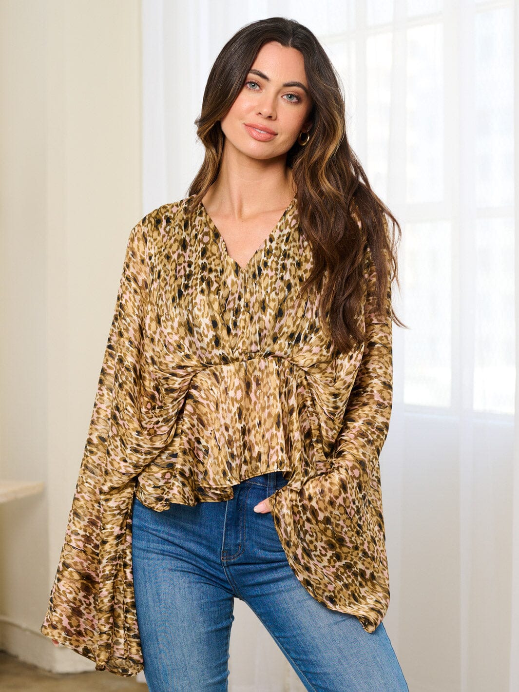 WOMEN'S LONG BELL SLEEVE V-NECK ANIMAL PRINT PEPLUM BLOUSE TOP