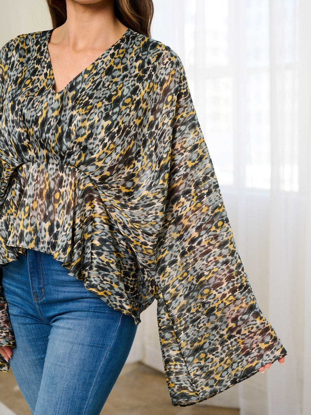 WOMEN'S LONG BELL SLEEVE V-NECK ANIMAL PRINT PEPLUM BLOUSE TOP