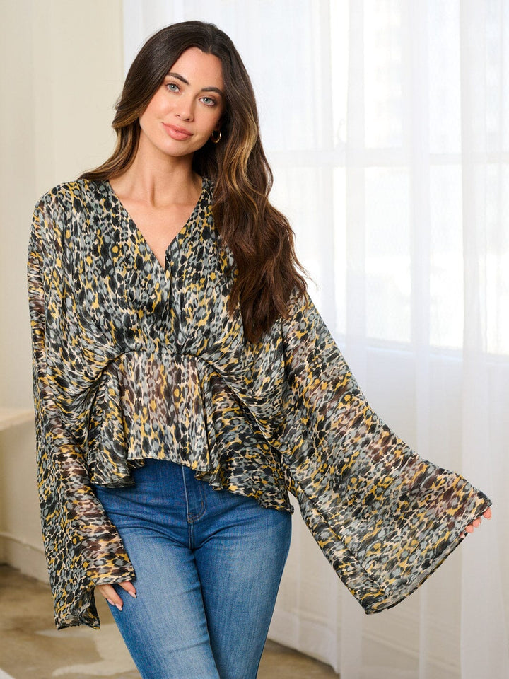 WOMEN'S LONG BELL SLEEVE V-NECK ANIMAL PRINT PEPLUM BLOUSE TOP