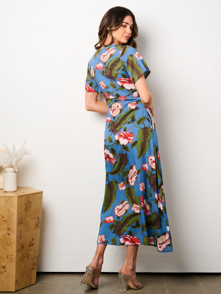 WOMEN'S SHORT SLEEVE V-NECK POCKETS FLORAL MIDI DRESS
