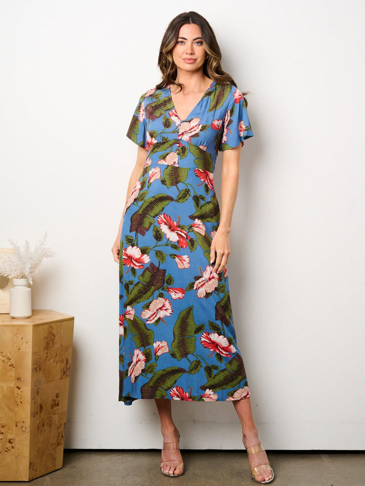 WOMEN'S SHORT SLEEVE V-NECK POCKETS FLORAL MIDI DRESS