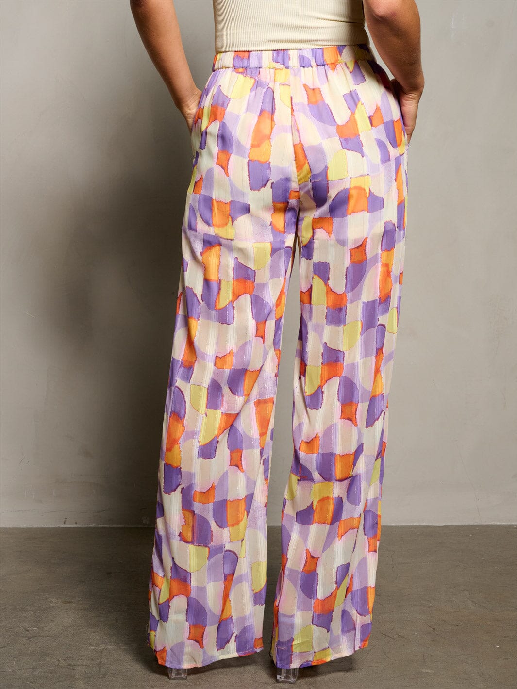 WOMEN'S BUTTON CLOSURE POCKETS WIDE LEG MULTI PRINT PANTS