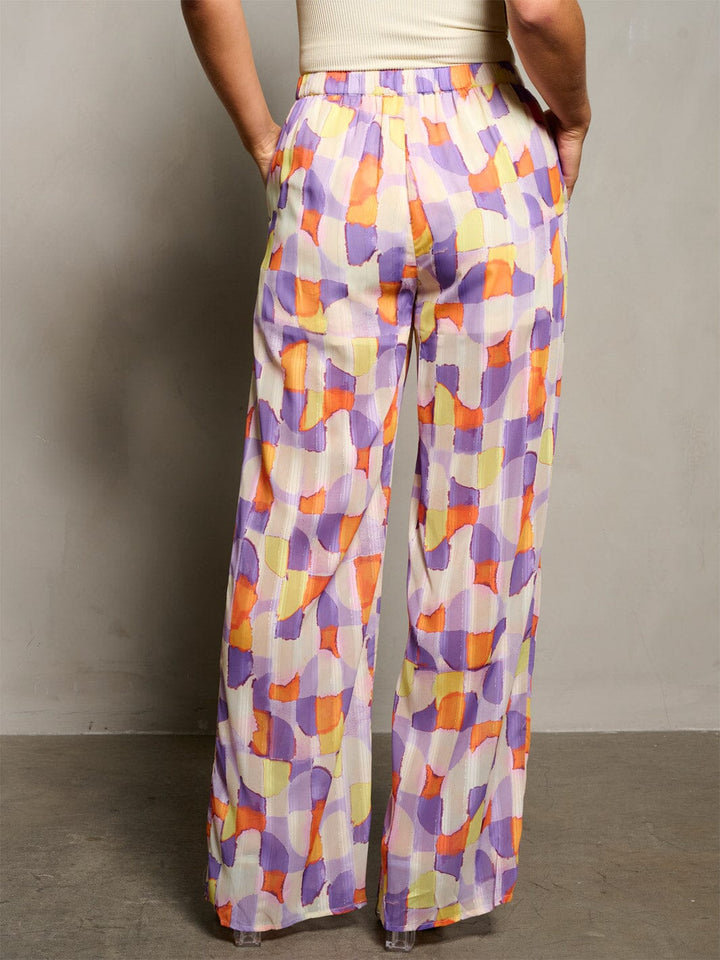 WOMEN'S BUTTON CLOSURE POCKETS WIDE LEG MULTI PRINT PANTS