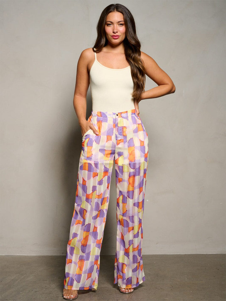WOMEN'S BUTTON CLOSURE POCKETS WIDE LEG MULTI PRINT PANTS