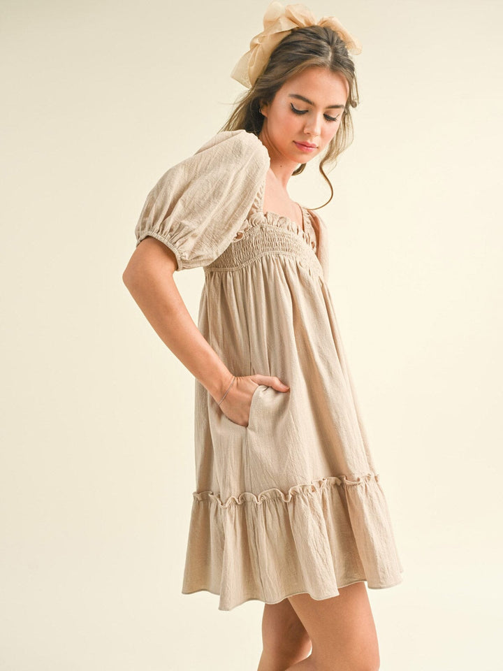 WOMEN'S SHORT PUFF SLEEVE POCKETS TUNIC MINI DRESS