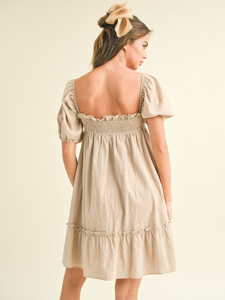 WOMEN'S SHORT PUFF SLEEVE POCKETS TUNIC MINI DRESS