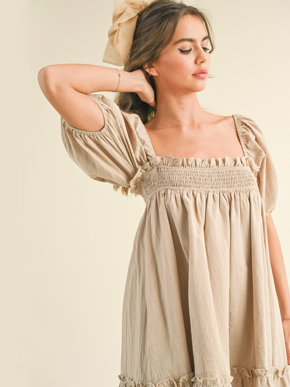 WOMEN'S SHORT PUFF SLEEVE POCKETS TUNIC MINI DRESS