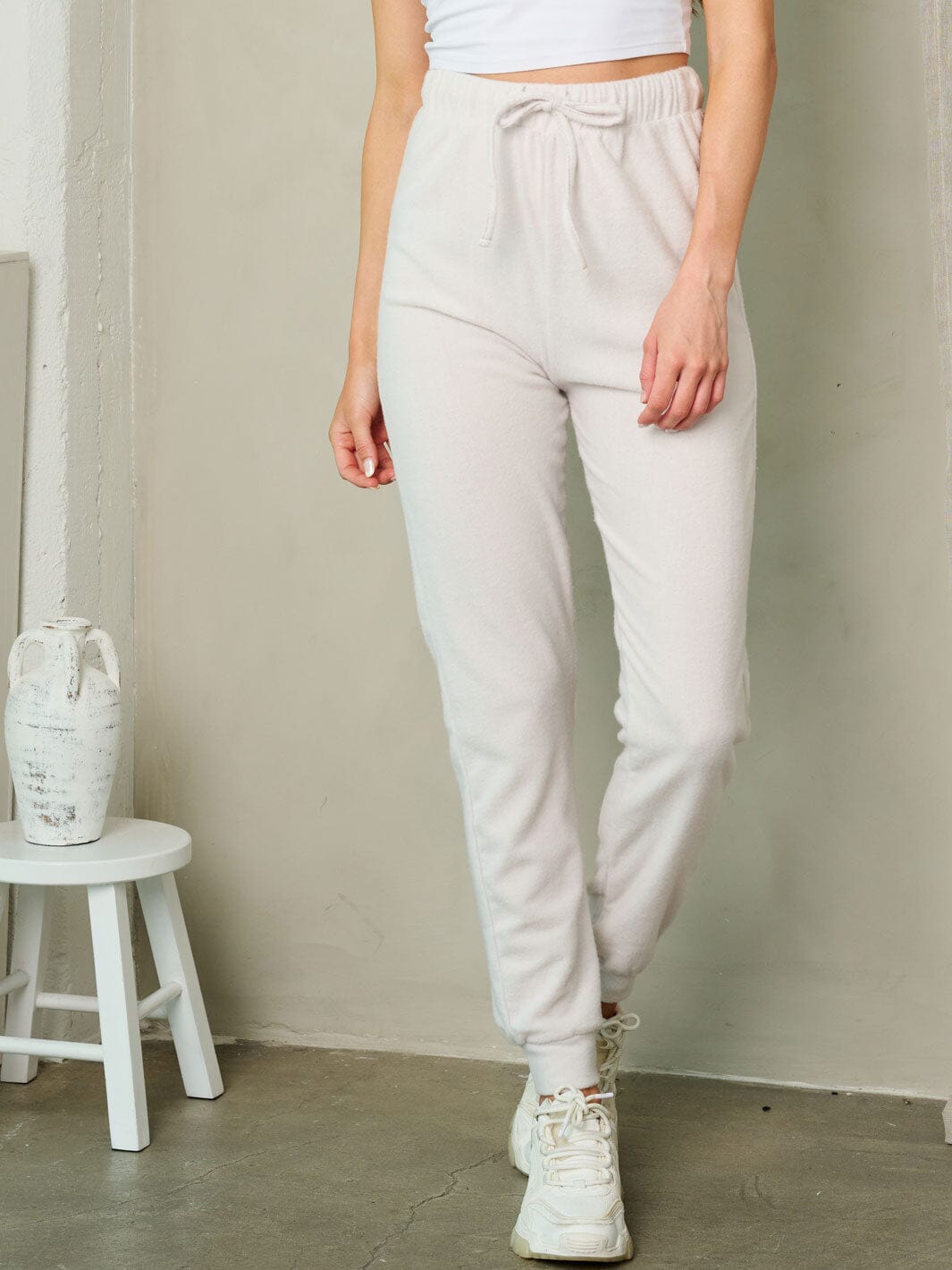 WOMEN'S SELF TIE ELASTIC WAIST FLEECE PANTS