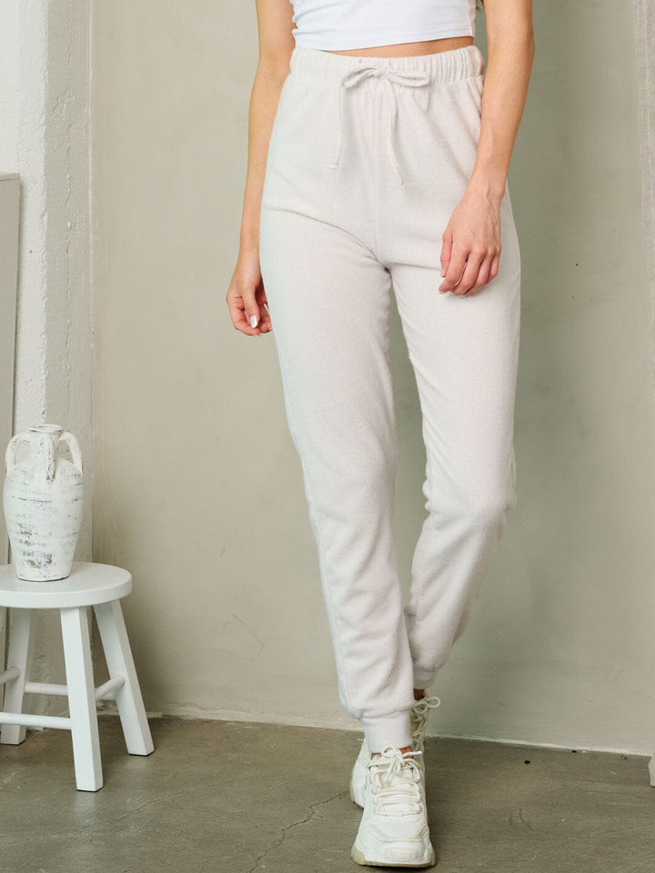 WOMEN'S SELF TIE ELASTIC WAIST FLEECE PANTS