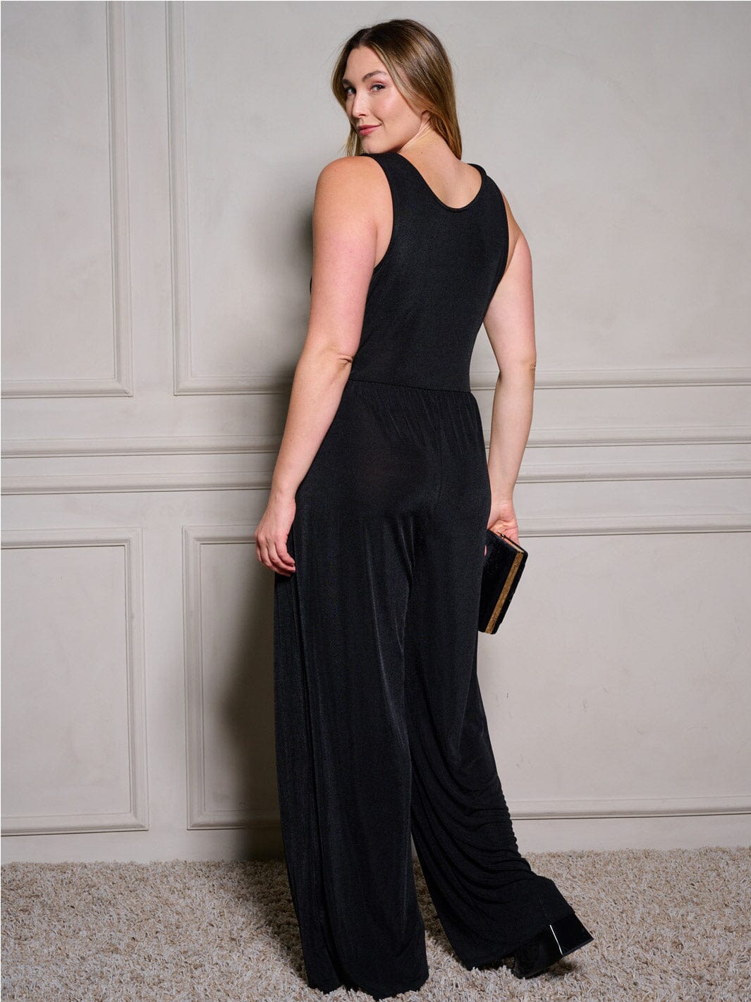 PLUS SIZE SLEEVELESS SURPLICE POCKETS WIDE LEG JUMPSUIT