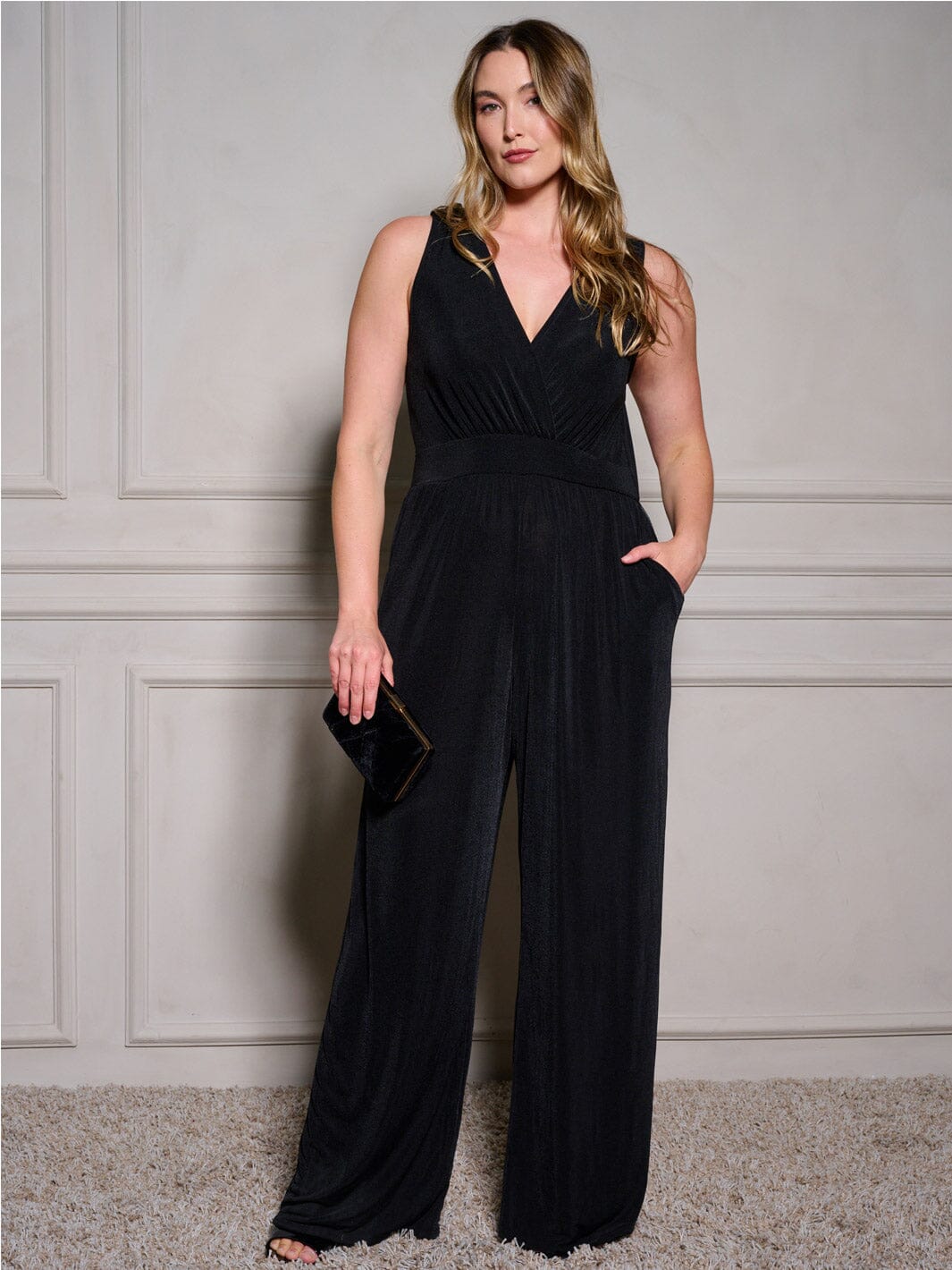 PLUS SIZE SLEEVELESS SURPLICE POCKETS WIDE LEG JUMPSUIT