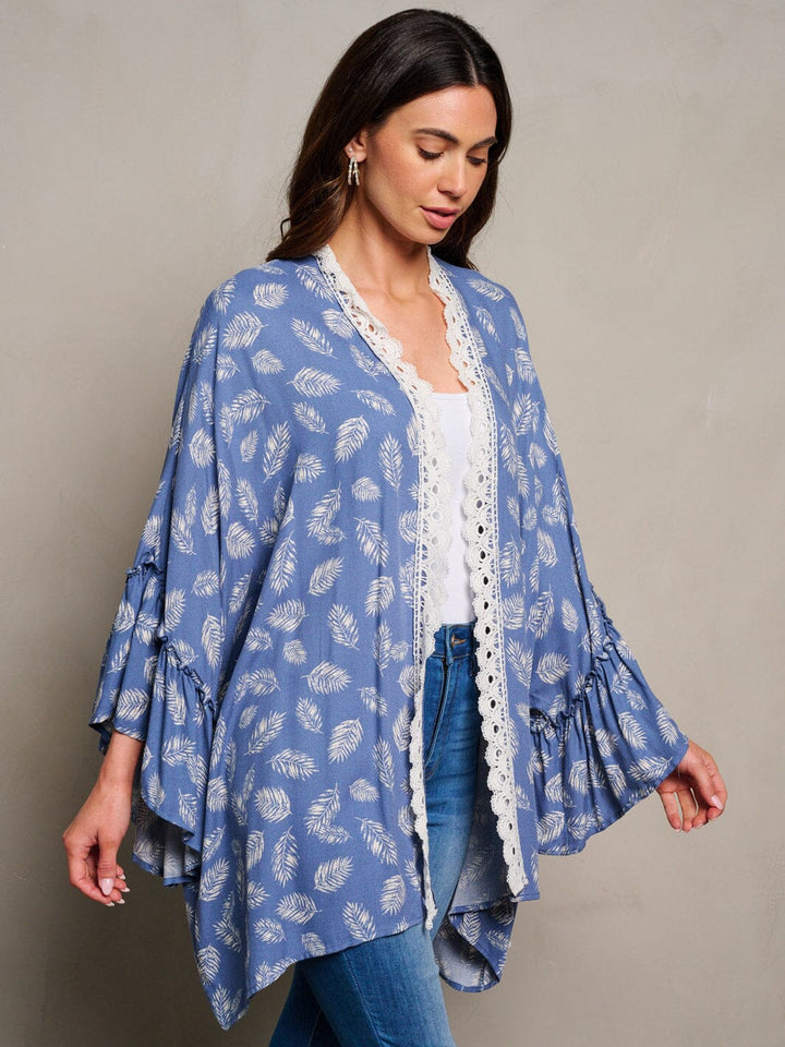 WOMEN'S LONG SLEEVE OPEN FRONT TRIM DETAILED LEAF PRINT KIMONO