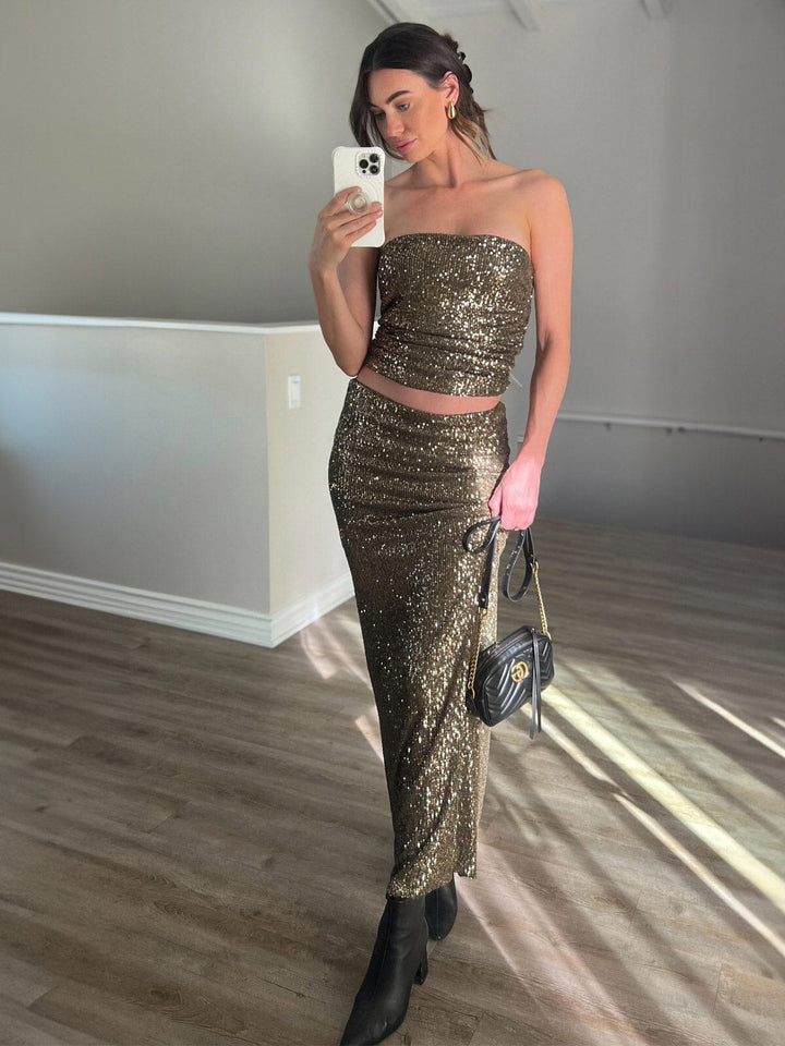 WOMEN'S SLEEVELESS TUBE TOP & MAXI SKIRT SEQUINS 2PC. SET