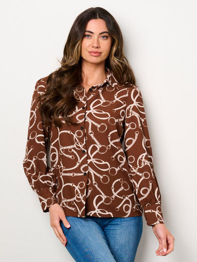 WOMEN'S LONG SLEEVE BUTTON UP PRINTED BLOUSE TOP