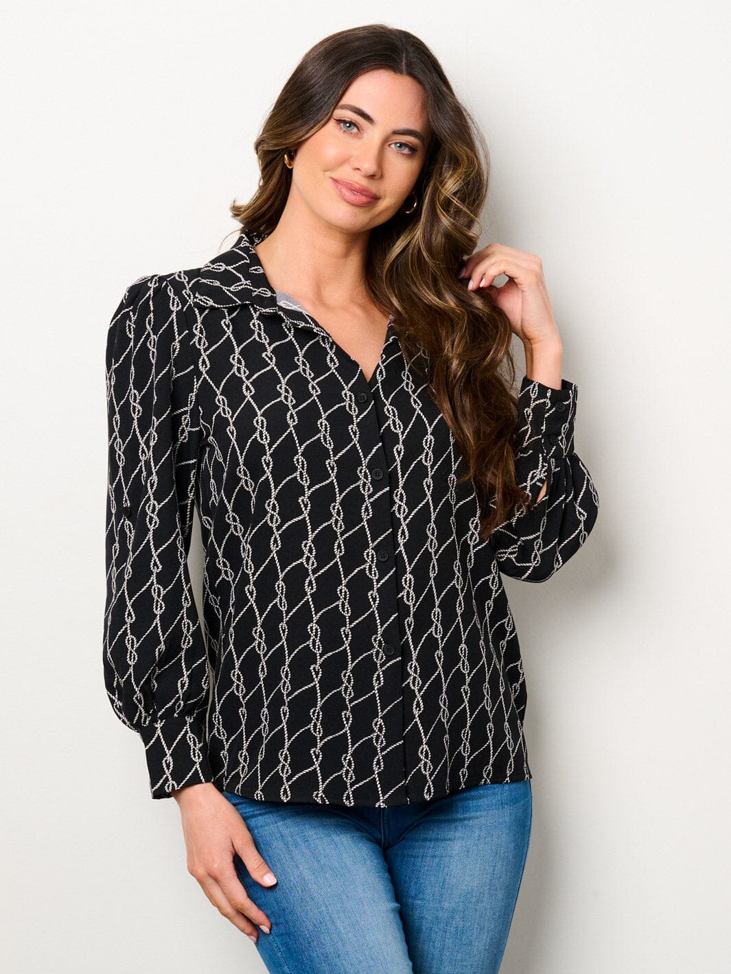 WOMEN'S LONG SLEEVE BUTTON UP PRINTED BLOUSE TOP
