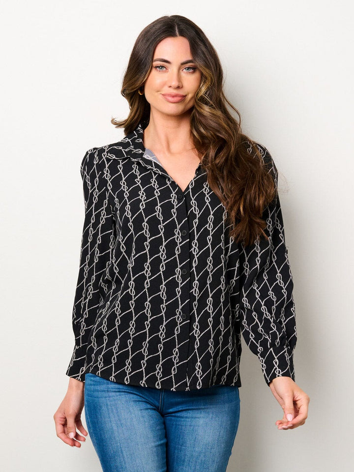 WOMEN'S LONG SLEEVE BUTTON UP PRINTED BLOUSE TOP
