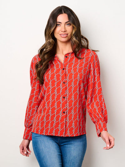 WOMEN'S LONG SLEEVE BUTTON UP PRINTED BLOUSE TOP