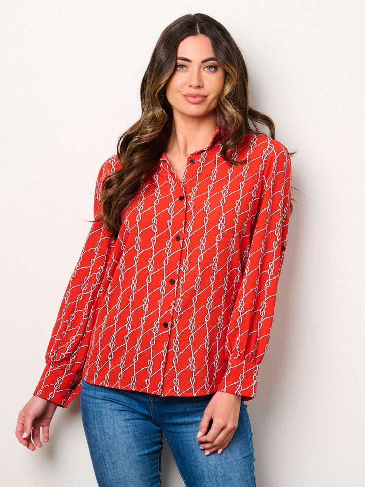 WOMEN'S LONG SLEEVE BUTTON UP PRINTED BLOUSE TOP