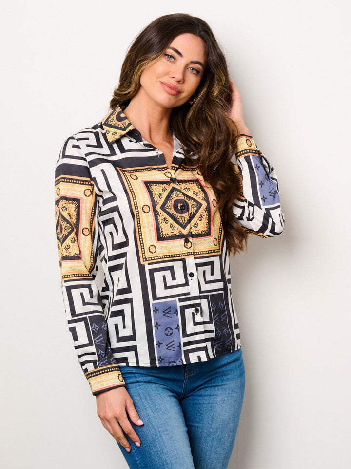 WOMEN'S LONG SLEEVE BUTTON UP MULTI PRINT BLOUSE TOP