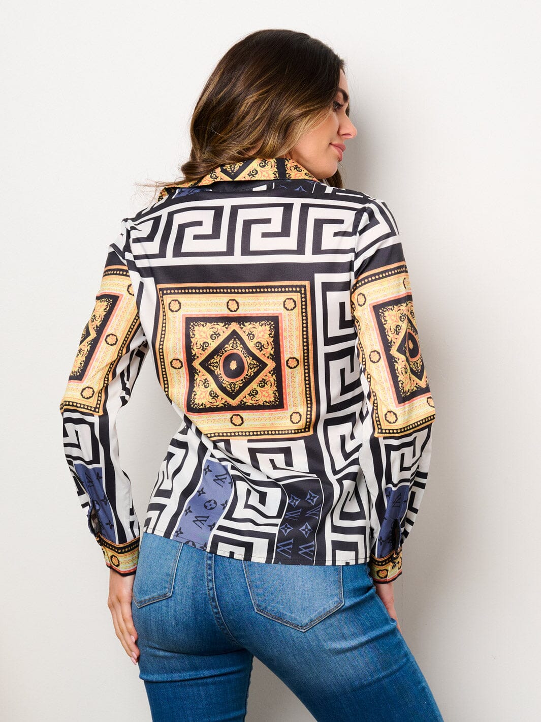WOMEN'S LONG SLEEVE BUTTON UP MULTI PRINT BLOUSE TOP