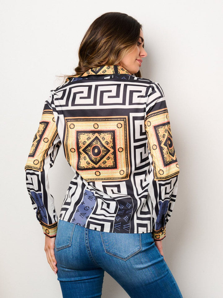 WOMEN'S LONG SLEEVE BUTTON UP MULTI PRINT BLOUSE TOP
