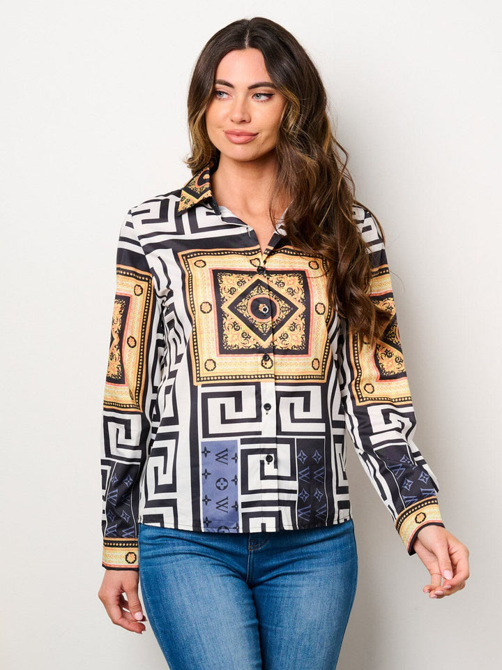 WOMEN'S LONG SLEEVE BUTTON UP MULTI PRINT BLOUSE TOP