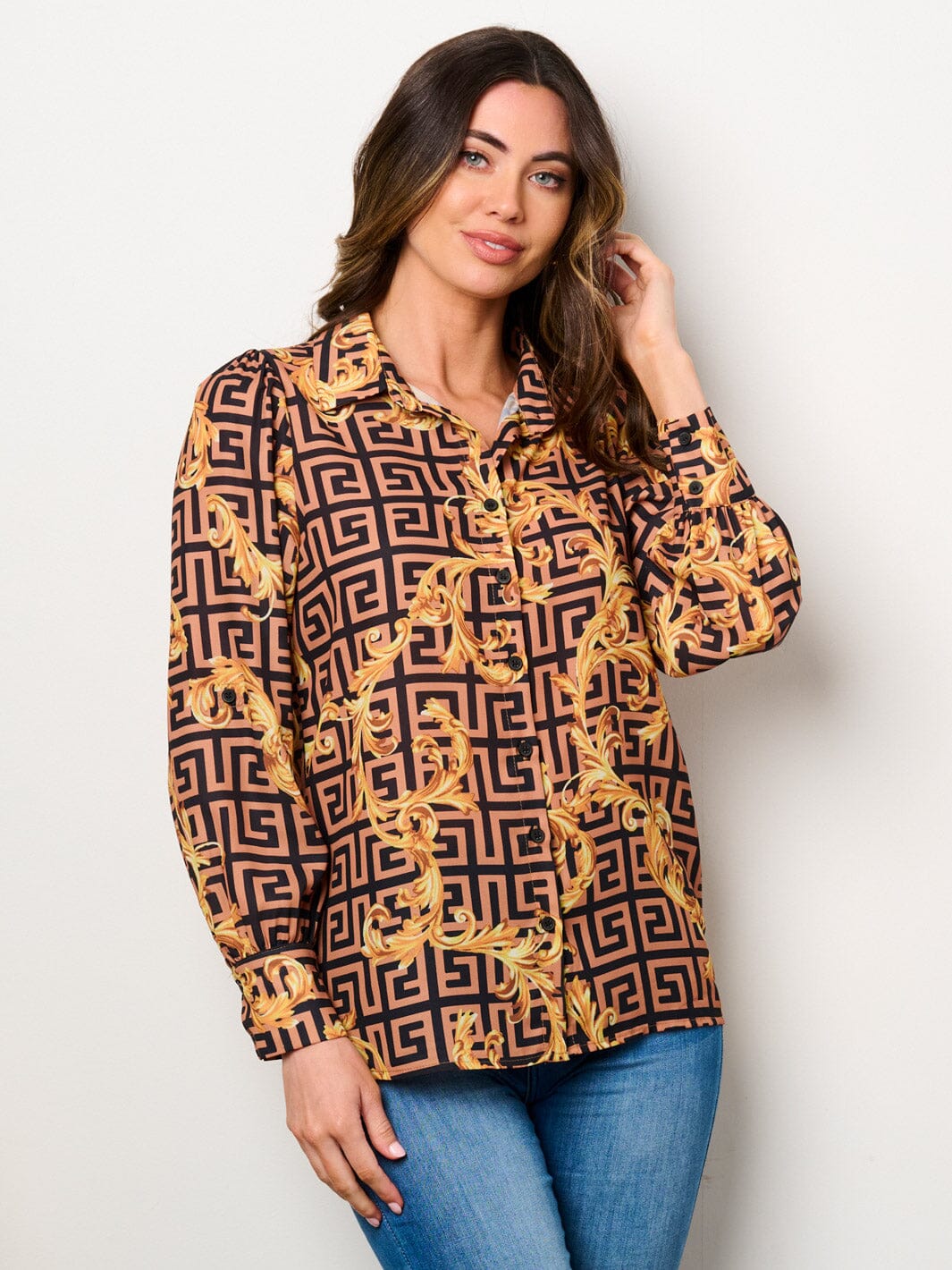 WOMEN'S LONG SLEEVE BUTTON UP MULTI PRINT BLOUSE TOP