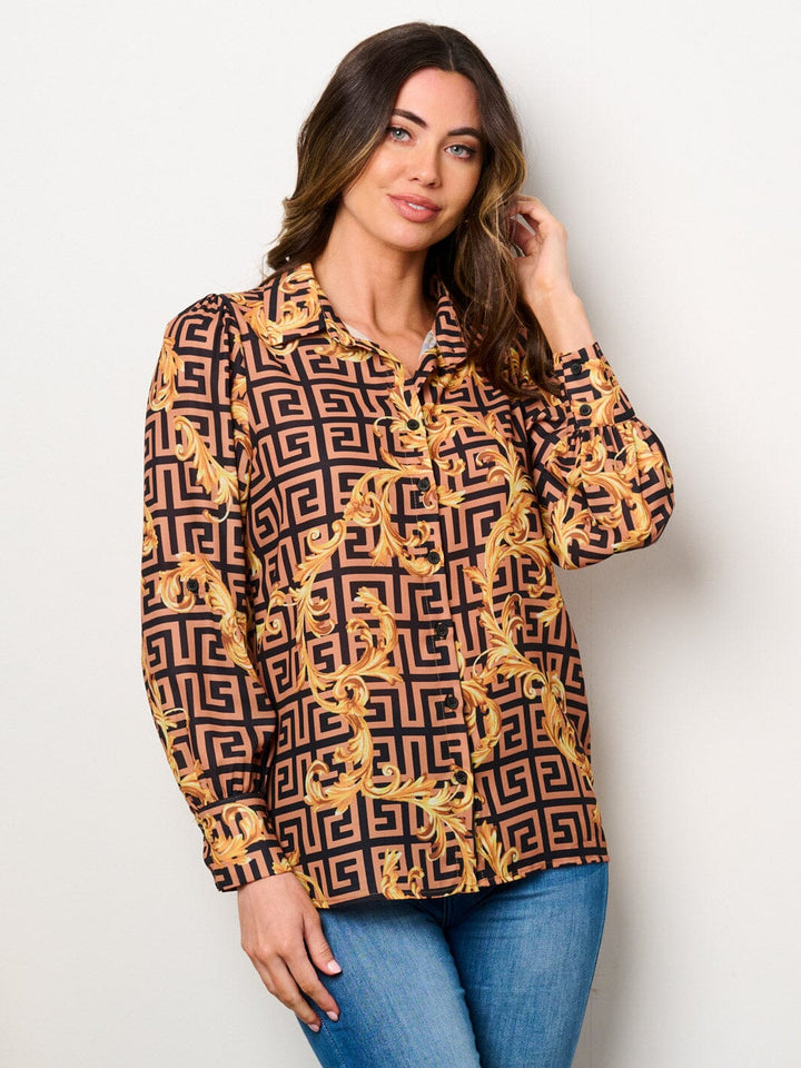 WOMEN'S LONG SLEEVE BUTTON UP MULTI PRINT BLOUSE TOP