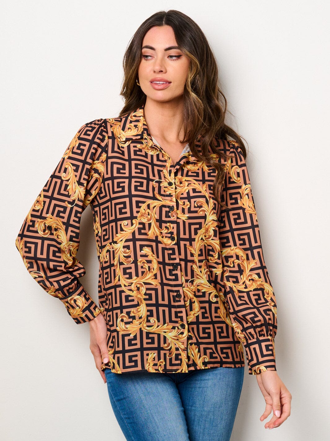 WOMEN'S LONG SLEEVE BUTTON UP MULTI PRINT BLOUSE TOP