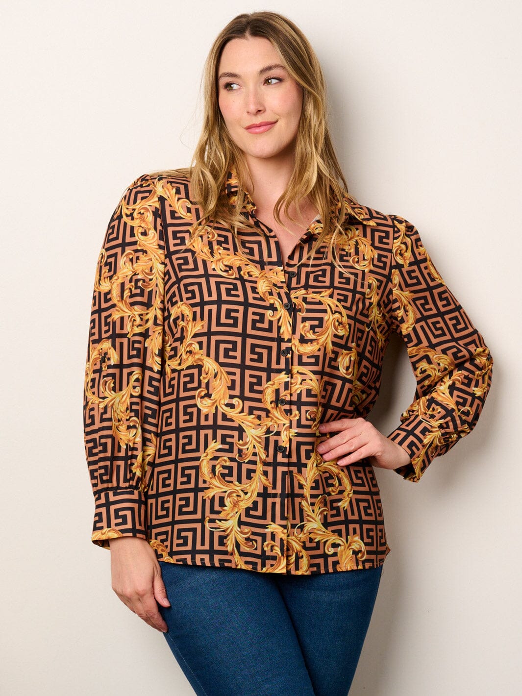 PLUS SIZE LONG SLEEVE BUTTON UP MULTI PRINT BLOUSE TOP