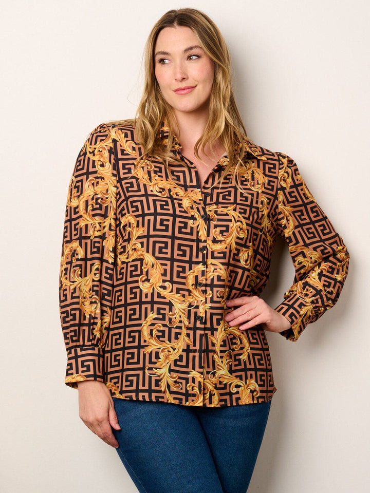 PLUS SIZE LONG SLEEVE BUTTON UP MULTI PRINT BLOUSE TOP