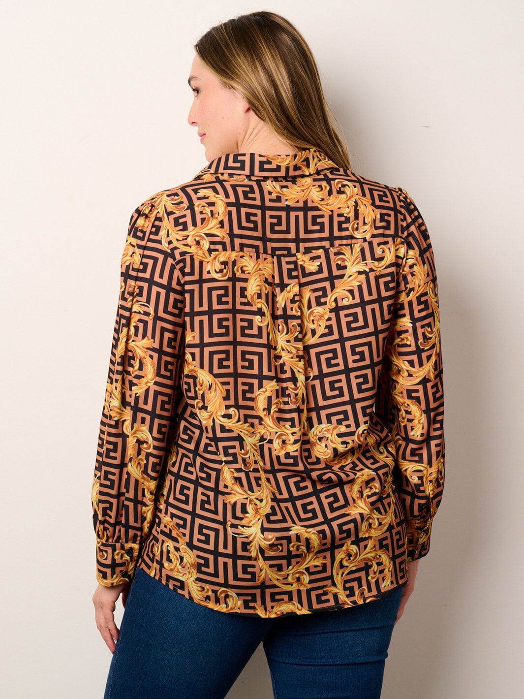 PLUS SIZE LONG SLEEVE BUTTON UP MULTI PRINT BLOUSE TOP