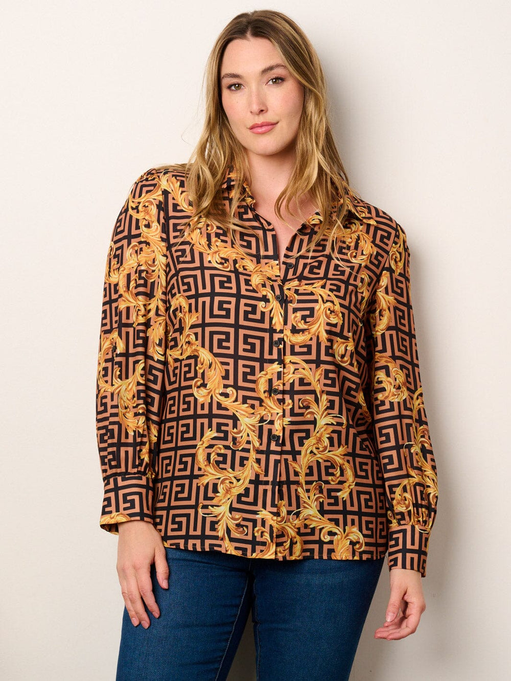 PLUS SIZE LONG SLEEVE BUTTON UP MULTI PRINT BLOUSE TOP